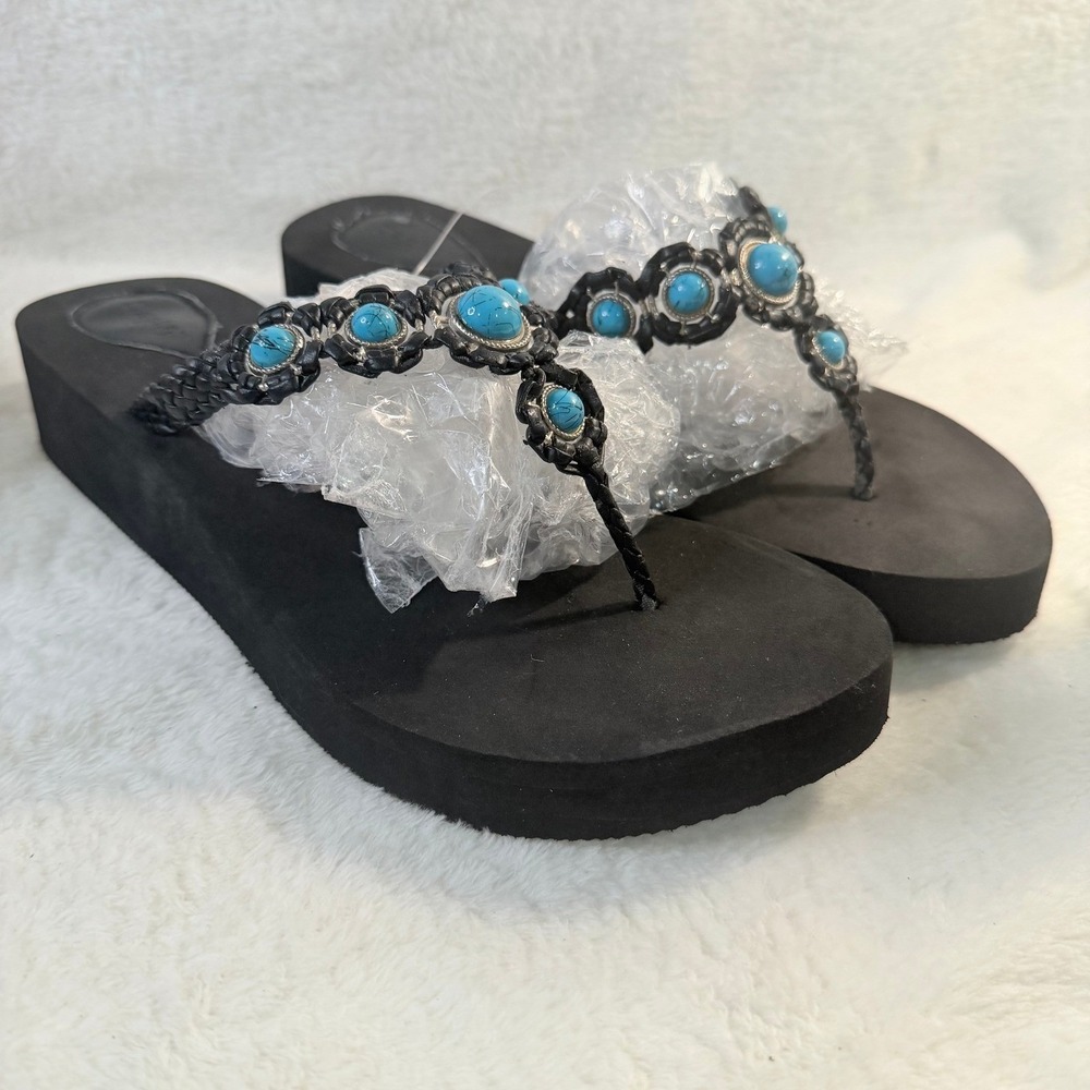 Dept 222 Platform Flip Flops‎ Women Size L 9-10 Black Turquoise Excellent Boho